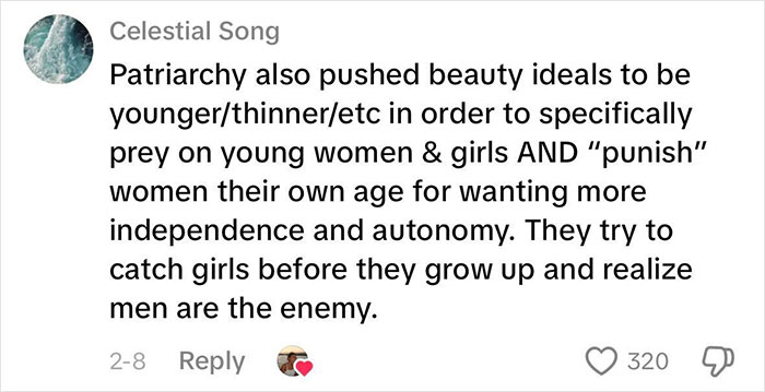 Comment explaining how beauty standards are used against women to control and punish for independence and autonomy. Comment explaining how beauty standards are used against women to control and punish for independence and autonomy.