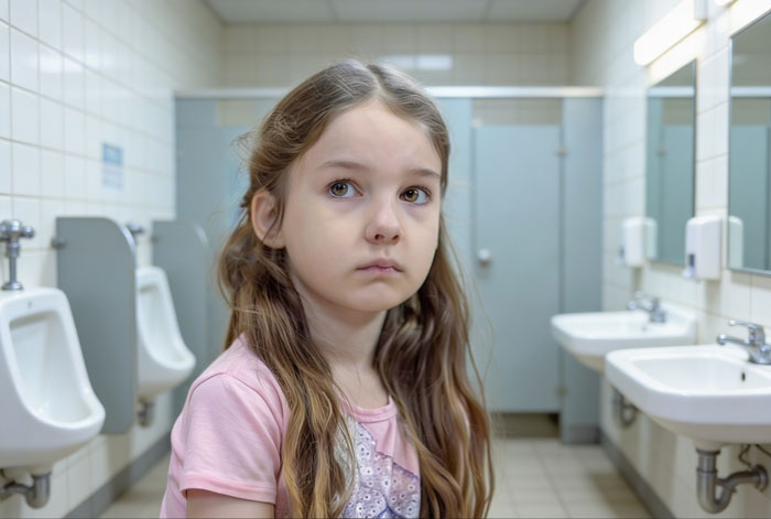 Young girl in a men's toilet looking uneasy as a random guy confronts dad over bringing his 3-year-old daughter inside restroom.