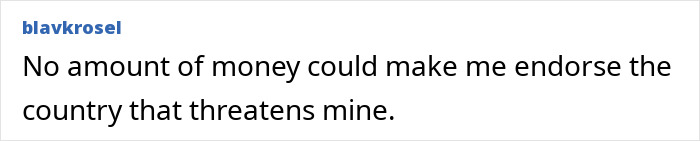 Comment expressing refusal to endorse a country while referencing Tate McRae and Team USA Olympics controversy.