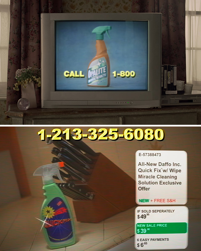 Old TV showing Opalite cleaning spray ad and a knife block with cleaning product in a vintage commercial style.