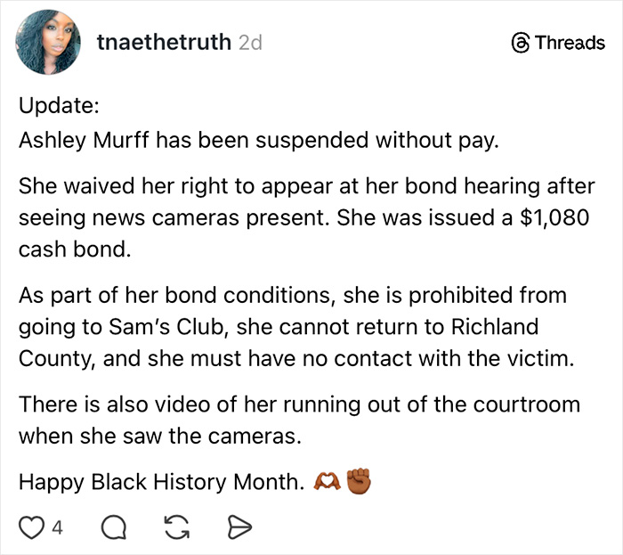 Text post from user tnaethetruth updating on teacher suspended without pay amid alleged racist attack case with bond conditions. Text post from user tnaethetruth updating on teacher suspended without pay amid alleged racist attack case with bond conditions.