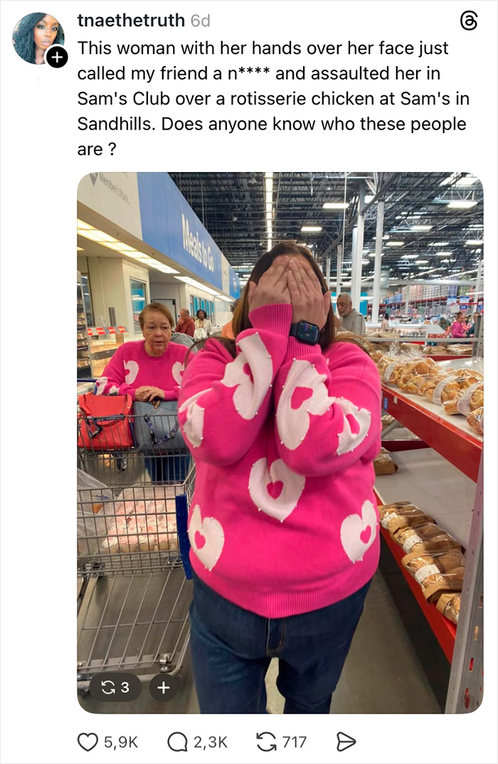 Woman in pink heart sweater covering face in a store, related to teacher jailed over alleged racist attack incident. Woman in pink heart sweater covering face in a store, related to teacher jailed over alleged racist attack incident.