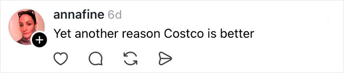 Screenshot of a social media comment with a woman’s profile photo and the text about Costco. Screenshot of a social media comment with a woman’s profile photo and the text about Costco.
