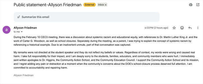 Email screenshot of teacher’s public apology following abhorrent hot-mic moment that shocked students and sparked outrage.