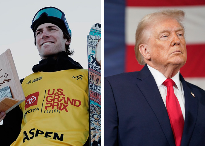 Skier celebrating a win in a US Grand Prix event and a serious man in a suit, highlighting bizarre moments at the 2026 Winter Olympics.