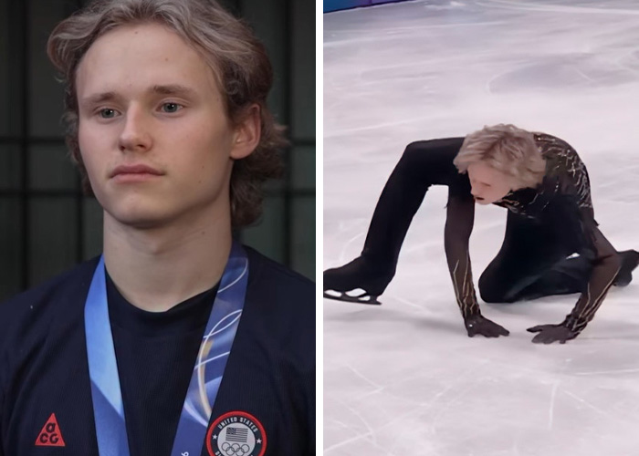 Young figure skater at the 2026 Winter Olympics displaying a dramatic fall during a wild and bizarre moment on ice.
