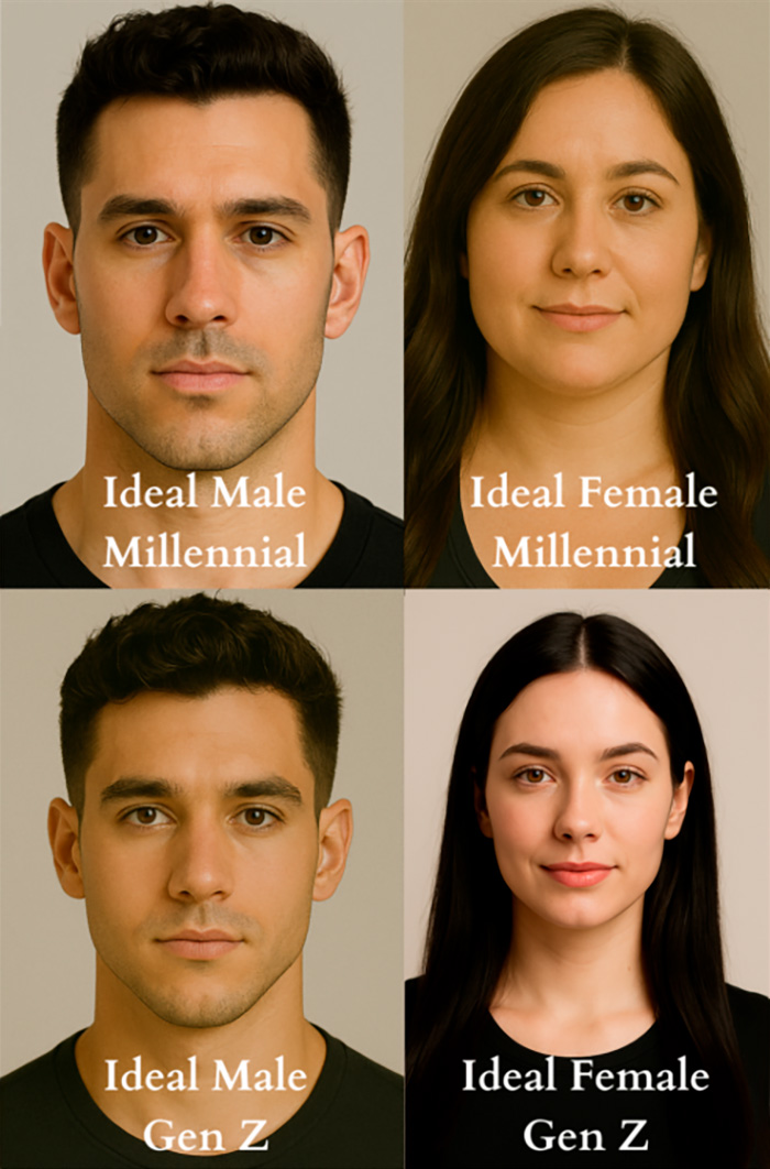 Side-by-side portraits of ideal male and female faces representing Millennial and Gen Z perfect man and woman traits.