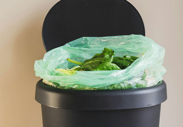 Black trash bin with a green plastic bag containing leafy vegetable scraps, illustrating man-child behavior metaphorically.