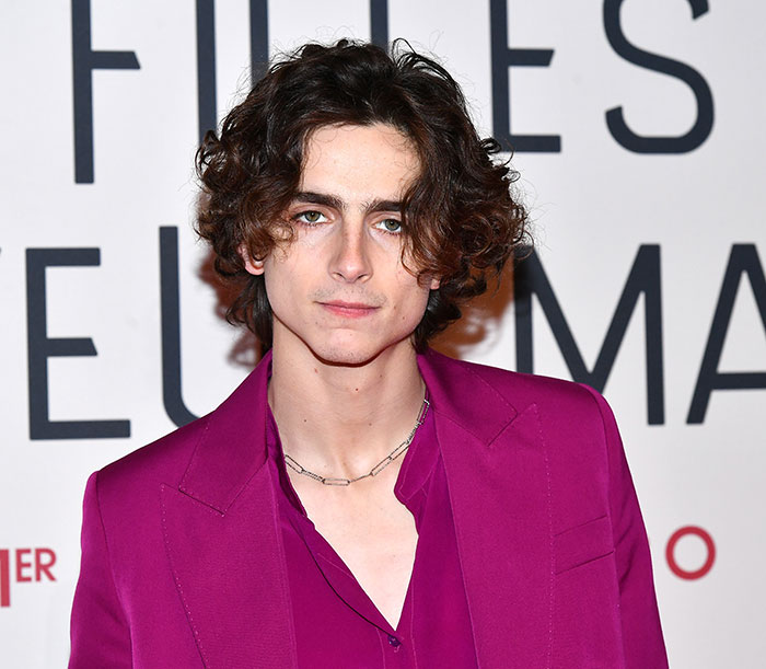 Timoth&eacute;e Chalamet wearing a magenta suit and chain necklace at a red carpet event, looking directly at the camera