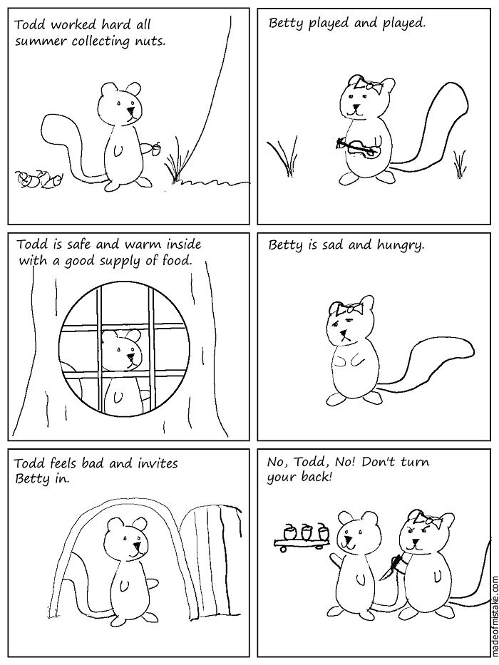 Minimalistic comic panels featuring squirrels named Todd and Betty depicting everyday observations and simple life moments.