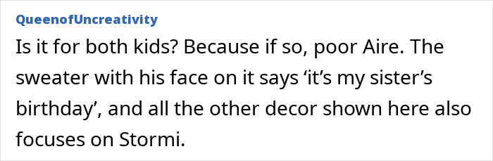 Comment discussing Travis Scott and Kylie Jenner's kids' birthday party theme focusing on Stormi&rsquo;s celebration.