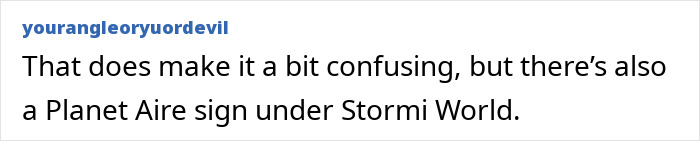 Comment highlighting confusion about a Planet Aire sign under Stormi World related to Travis Scott and Kylie Jenner kids party.