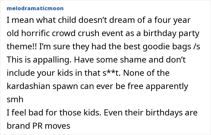 Negative social media comment criticizing Travis Scott and Kylie Jenner over appalling kids&rsquo; birthday party theme.