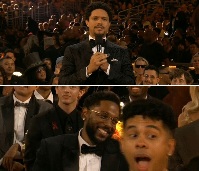 Celebrity awkward reactions and interactions at the 2026 Grammy Awards captured in candid moments during the event.