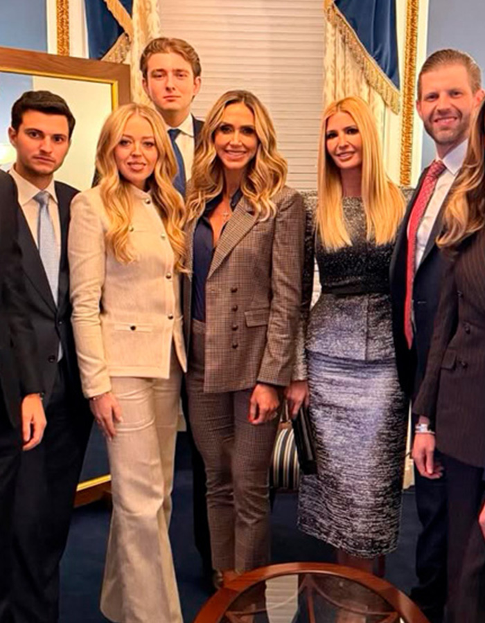 Group photo of Trump&rsquo;s children dressed formally, highlighting Barron's height amid a viral family image discussion.
