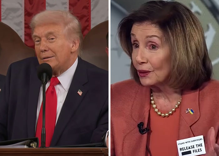 Split image showing viral State of the Union moments with former president speaking and a woman in an orange jacket.