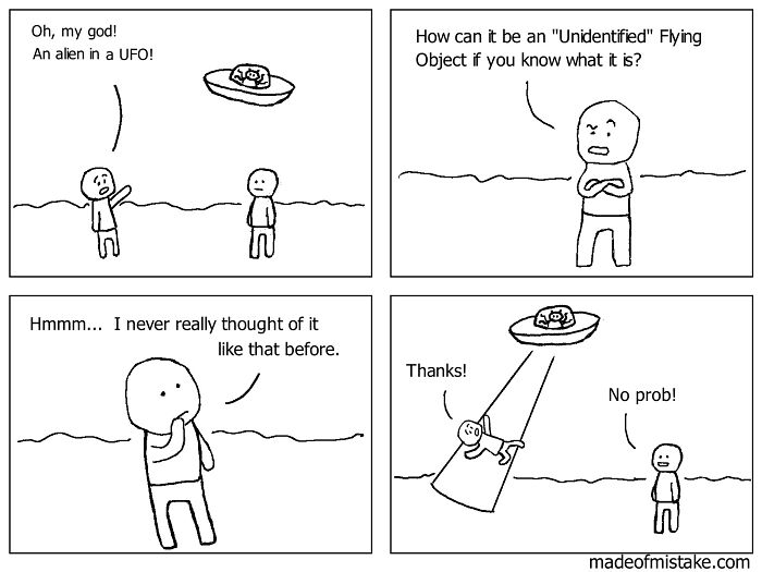 Minimalistic comic panels about everyday observations featuring a humorous take on an alien in a UFO.
