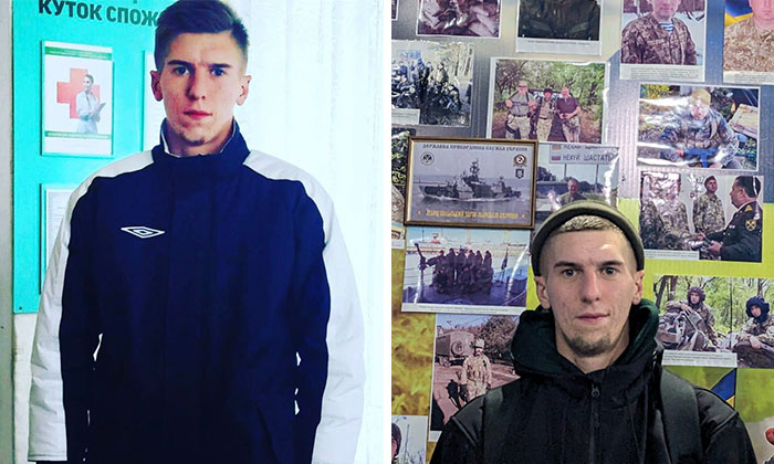 Before-and-after photos of a Ukrainian soldier showing changes before and after the war, illustrating powerful transformation.