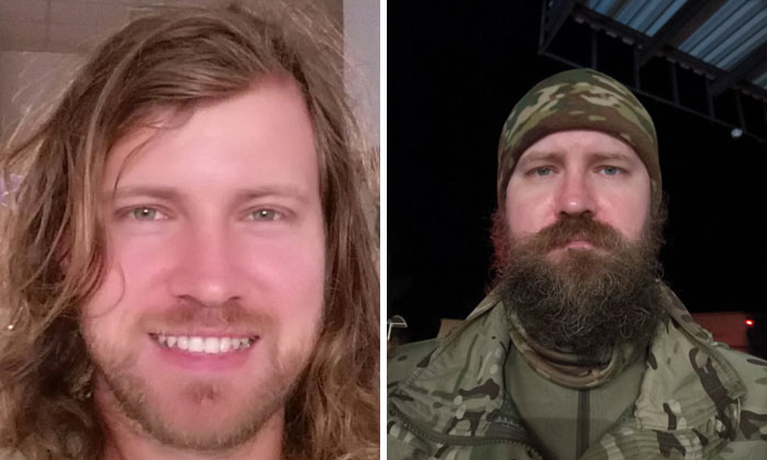 Before-and-after photos of a Ukrainian soldier showing changes before and after the war, highlighting powerful transformations.