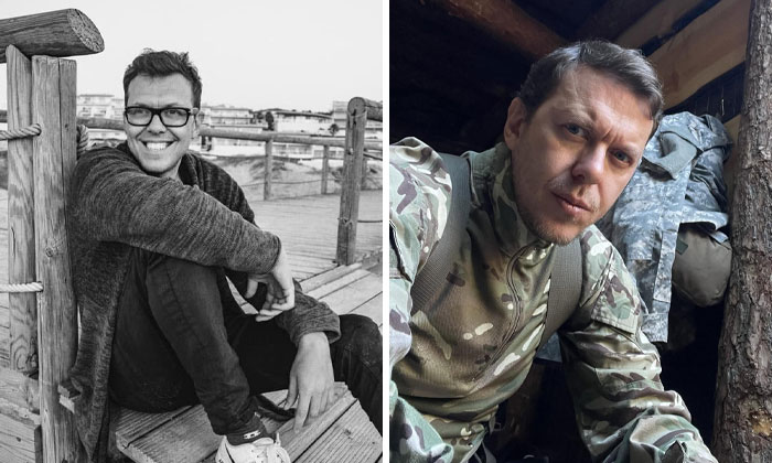 Before-and-after photos of a Ukrainian soldier showing transformation from civilian to military during the war.