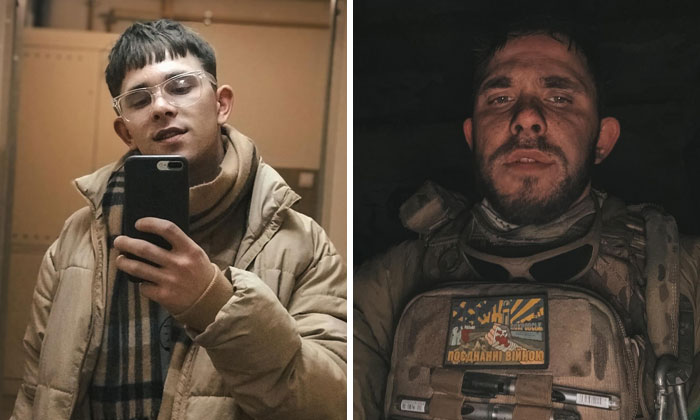 Before-and-after photos of a Ukrainian soldier showing transformation before and during the war experience in military gear.