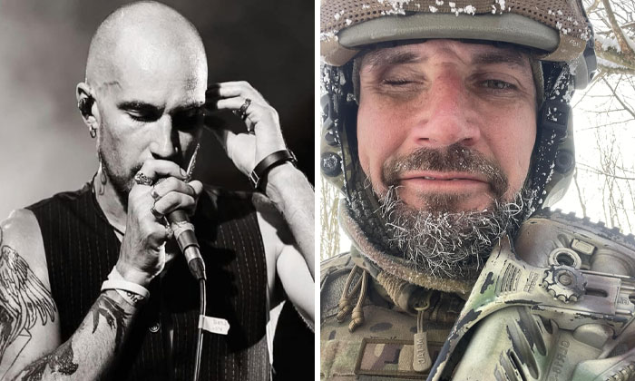 Before-and-after photos of a Ukrainian soldier showing changes before the war and during military service in winter conditions.