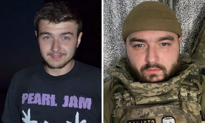 Before-and-after photos of a Ukrainian soldier showing transformation before and during the war.