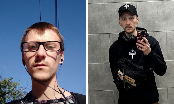 Before-and-after photos of a Ukrainian soldier showing changes in appearance during the war experience.