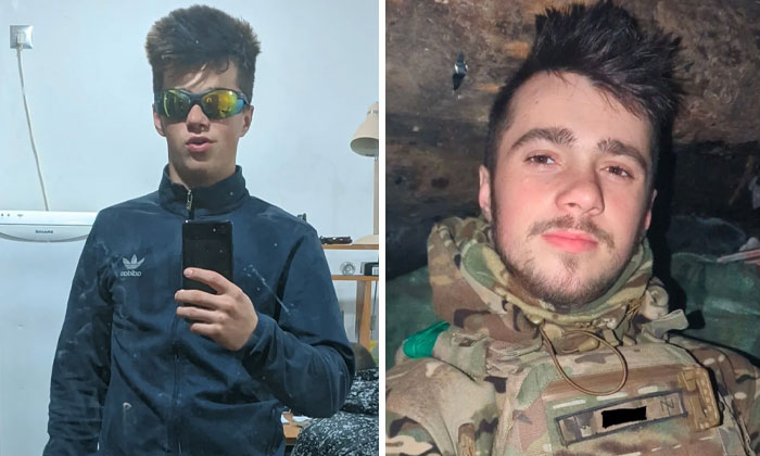 Before-and-after photos of a Ukrainian soldier showing the impact of war on his appearance and life.