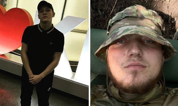 Before-and-after photos of a Ukrainian soldier showing transformation before and during the war experience.