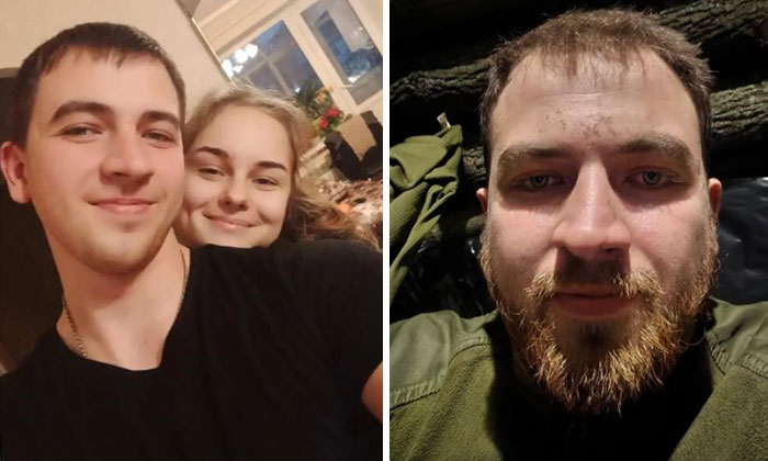 Before-and-after photos of a Ukrainian soldier showing changes in appearance and emotion during the war.