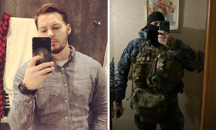 Before-and-after photos of a Ukrainian soldier showing transformation during the war, highlighting powerful soldier stories.