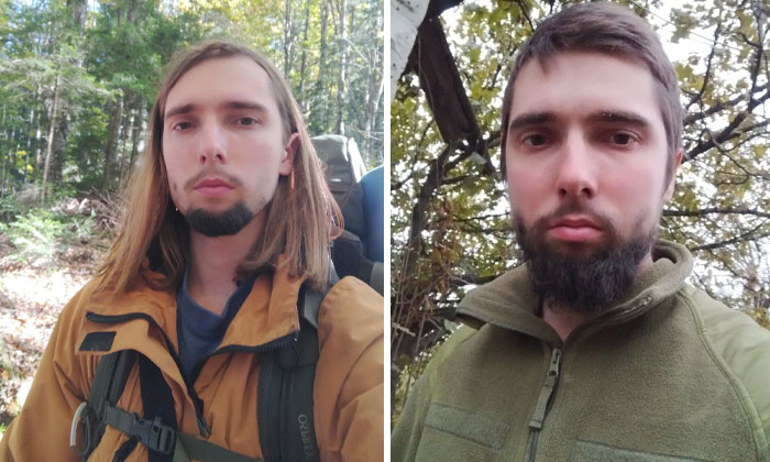 Before and after photos of a Ukrainian soldier showing changes in appearance during the war experience.