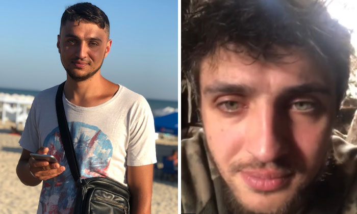 Before-and-after photos of a Ukrainian soldier showing the impact of war on his appearance and expression.