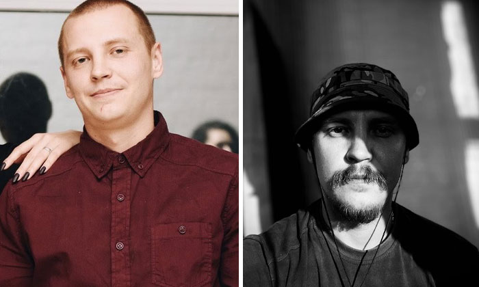 Before-and-after photos of a Ukrainian soldier showing visible change before and after the war experience.