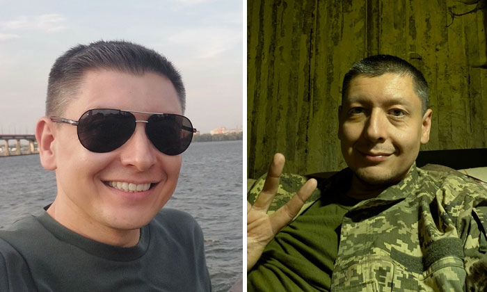 Ukrainian soldier before and after war, smiling outdoors and in military uniform showing a peace sign indoors.