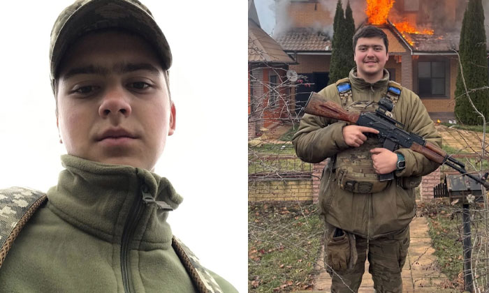 Before-and-after photos of a Ukrainian soldier showing the impact of war on his appearance and environment.