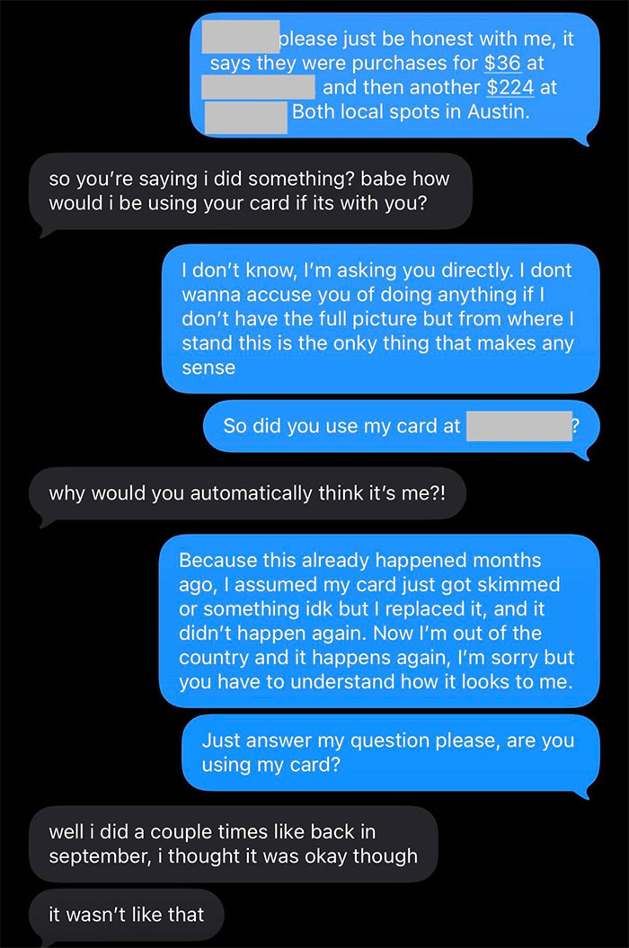 Text conversation showing a boyfriend confronting his girlfriend about using his credit card without permission.