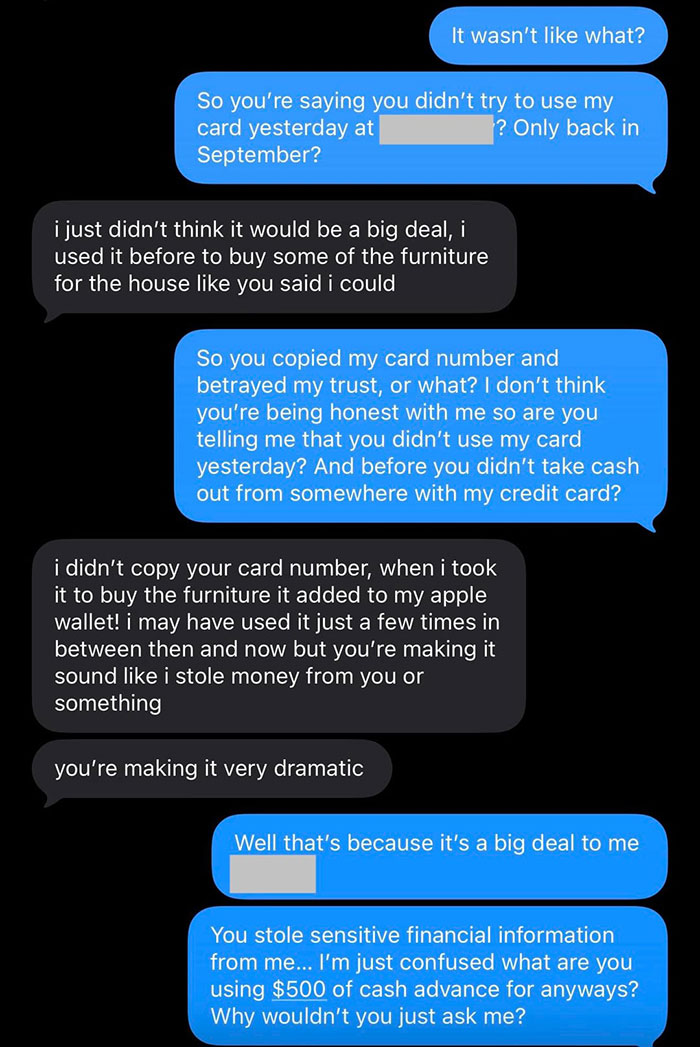 Text message exchange where a boyfriend confronts his girlfriend for using his credit card without permission.