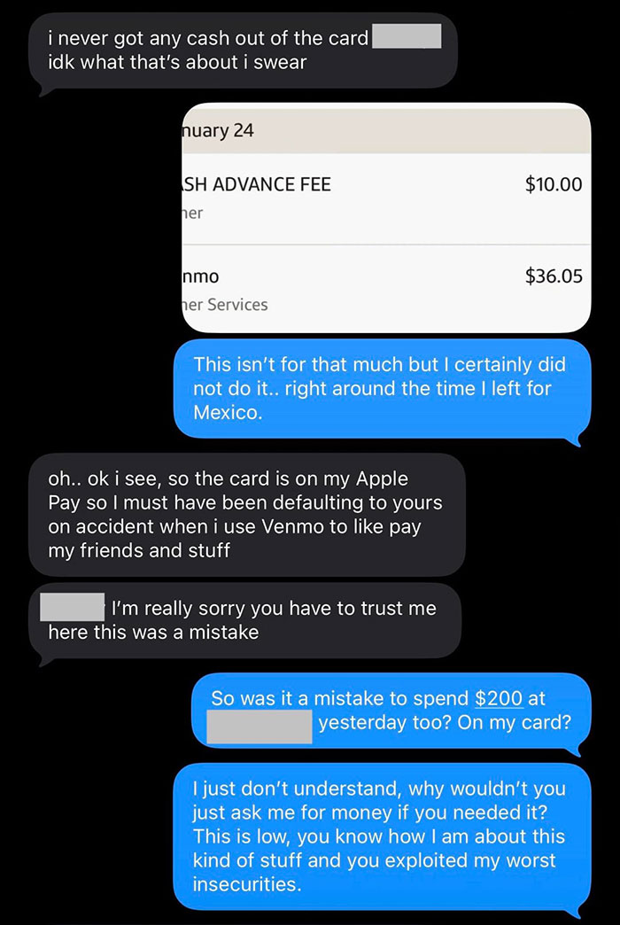 Text message conversation showing a boyfriend confronting his girlfriend for using his credit card without permission.