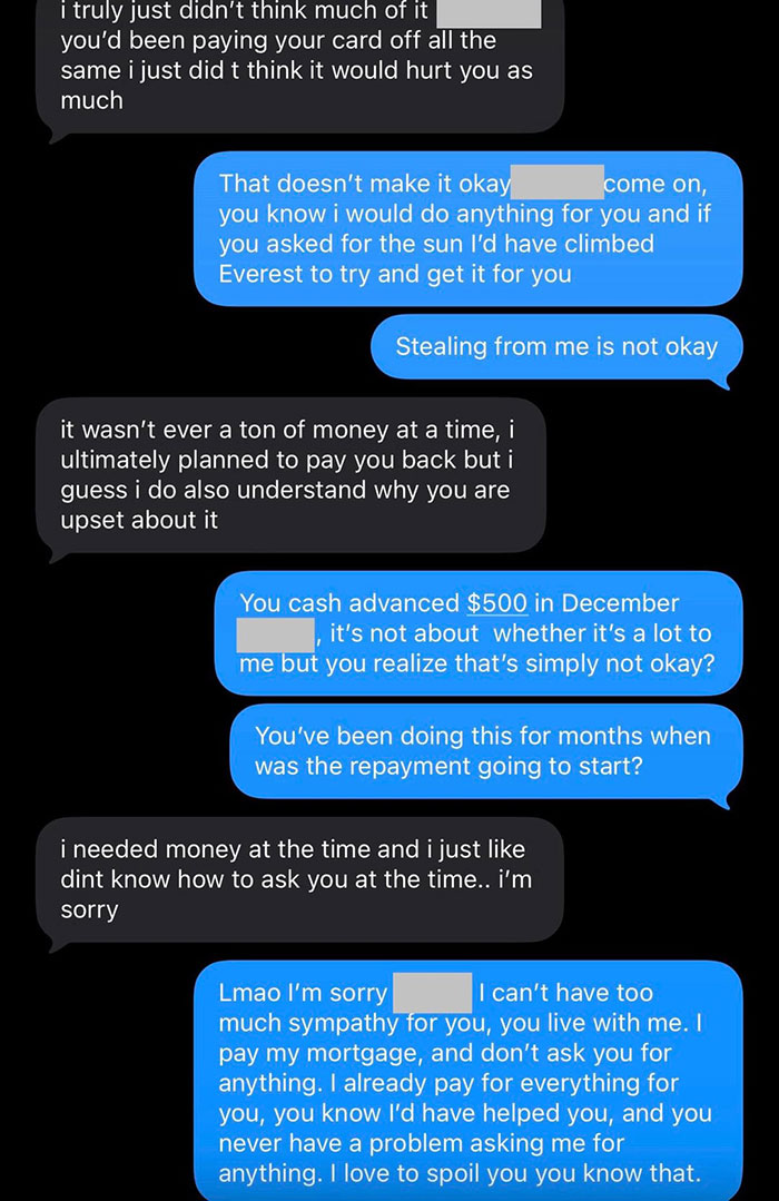Text messages showing a boyfriend confronting his girlfriend for using his credit card without permission and feeling disgusted.