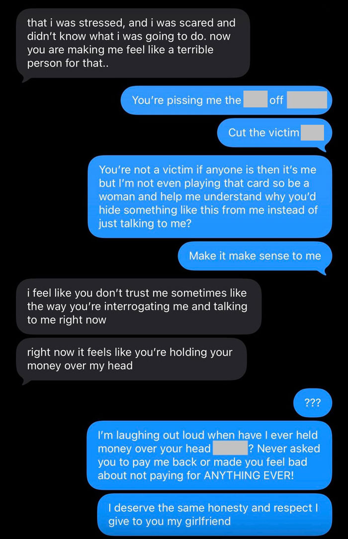 Text message exchange showing a boyfriend confronting his girlfriend for using his credit card while she plays the victim.