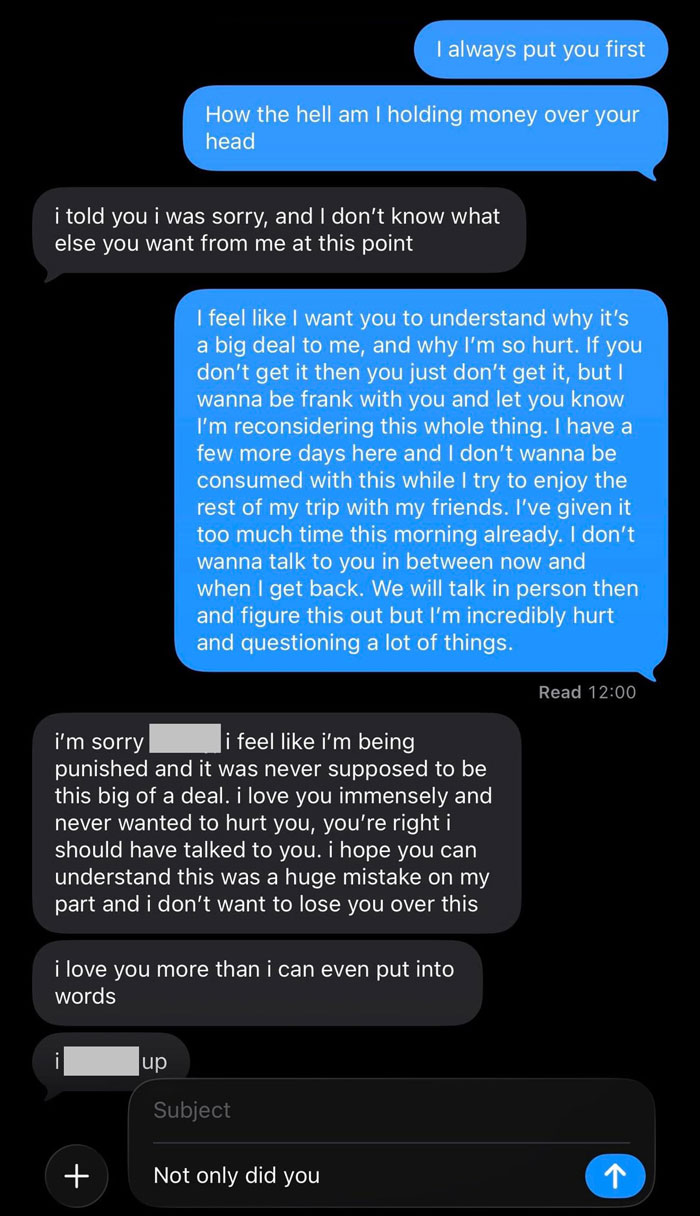 Text conversation showing a boyfriend confronting his girlfriend about using his credit card, feeling disgusted by it.