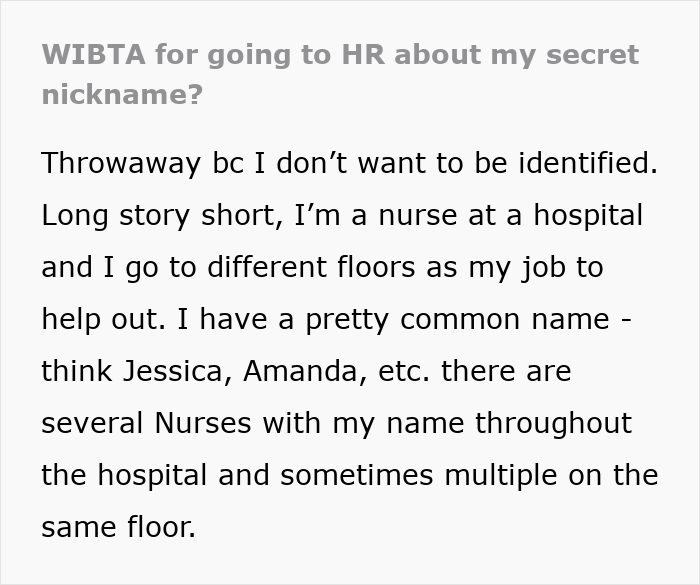 Text post discussing a nurse&rsquo;s work nickname causing embarrassment, leading husband to buy new bras.