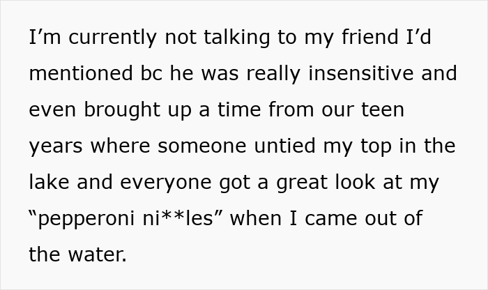 Text excerpt showing a woman describing her embarrassment about a work nickname and related memories involving bras.