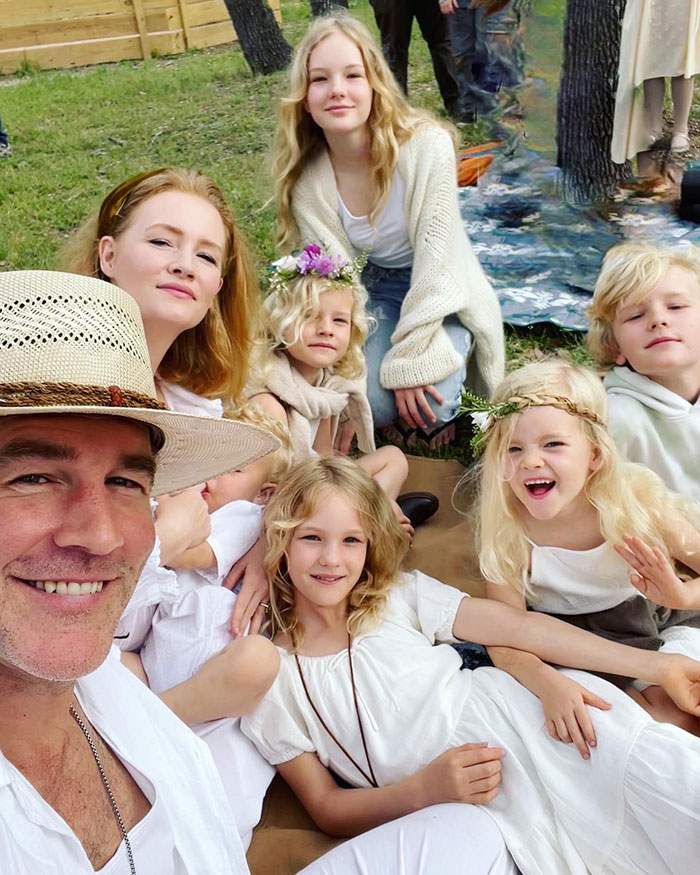 James Van Der Beek with family outdoors, sparking debate over GoFundMe and need for a money manager.