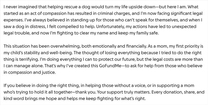 Text from a vet tech explaining legal troubles after rescuing an abandoned dog during a snowstorm, seeking support.