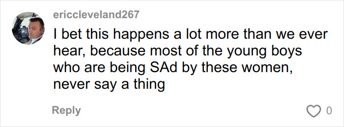 Comment by ericcleveland267 discussing the emotional impact on young boys linked to a school employee’s disturbing act.