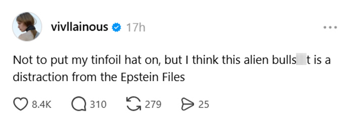 Screenshot of Elon Musk's daughter tweeting about aliens, mentioning distraction from Epstein Files amid UFO and Trump news.