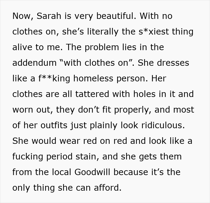 Text excerpt describing a man embarrassed by his girlfriend&rsquo;s style, triggering her childhood trauma with worn, ill-fitting clothes.
